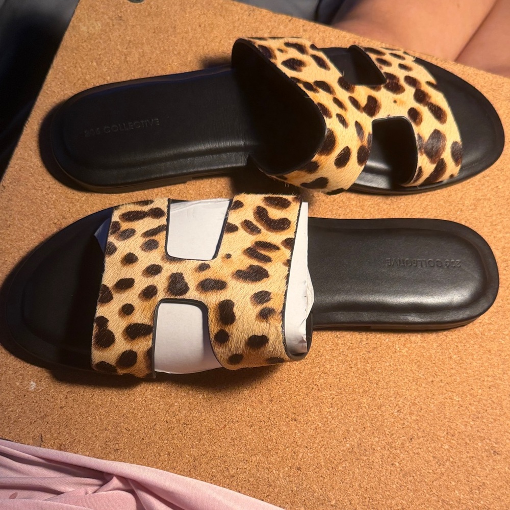 206 Collective Leopard-Print Slide Sandals in Black and Tan